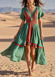 Beautiful Green Asymmetrical Patchwork Cotton Vacation Dresses Summer