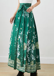 Beautiful Green Bamboo Leaf Print Exra Large Hem Silk Pleated Skirts Fall