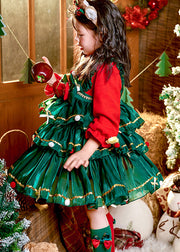 Beautiful Green Bow Print Christmas Day Girls Long Cake Dresses Winter