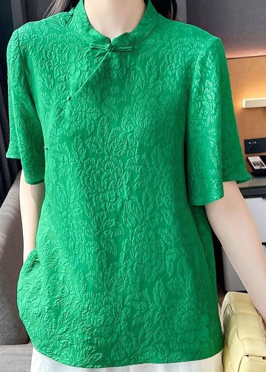 Beautiful Green Chinese Button Jacquard Patchwork Silk Blouse Tops Short Sleeve