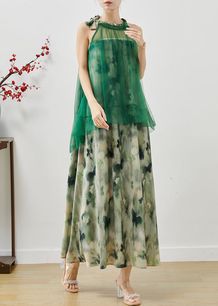 Beautiful Green Cold Shoulder Tie Dye Chiffon Dresses Summer