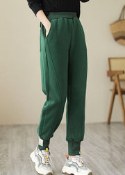 Beautiful Green Elastic Waist Pockets Warm Fleece Pants Winter