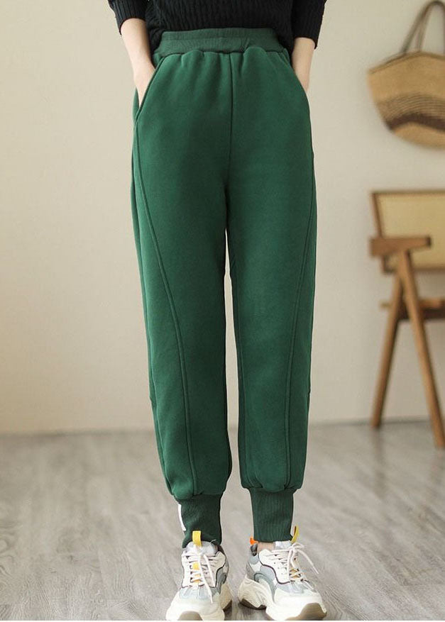 Beautiful Green Elastic Waist Pockets Warm Fleece Pants Winter