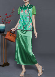 Beautiful Green Embroidered Draping Silk Dresses Two Pieces Set Summer