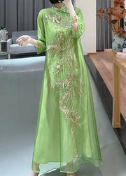 Beautiful Green Embroideried Button Silk Long Dresses Spring