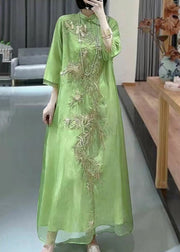 Beautiful Green Embroideried Button cotton blend Long Dresses Spring