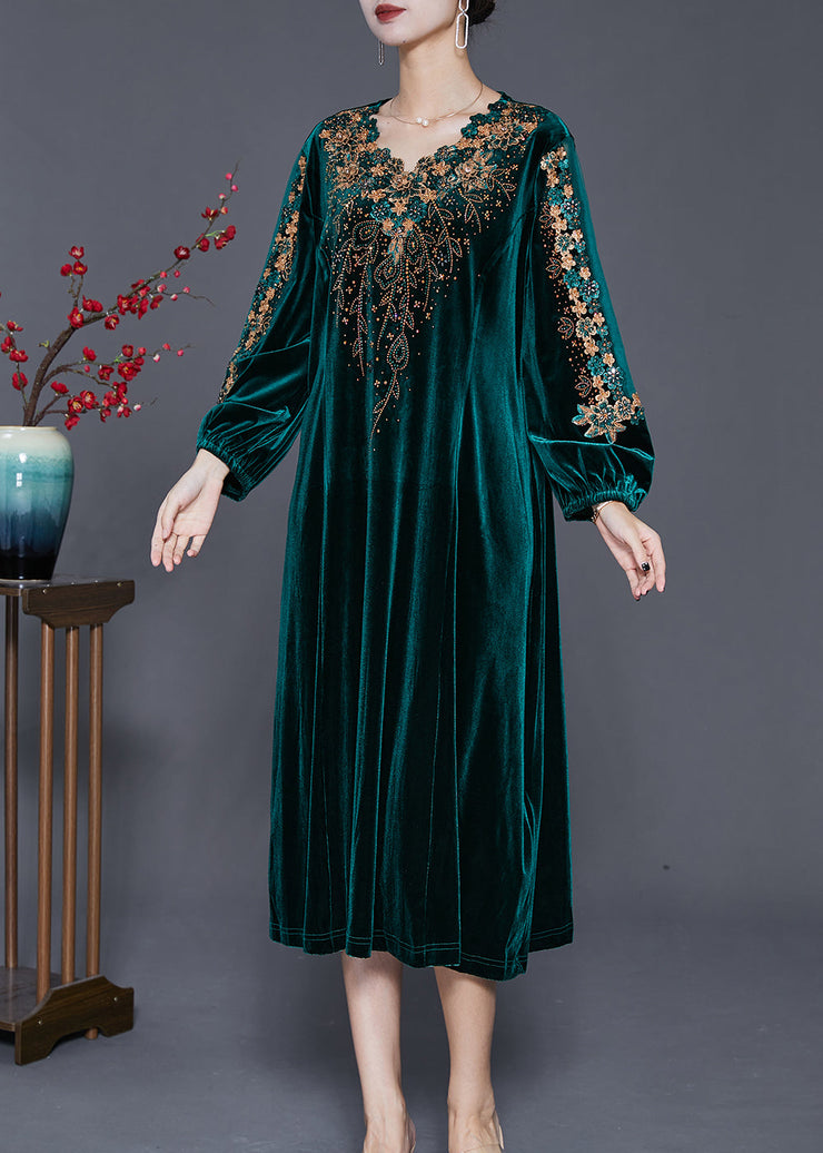 Beautiful Green Embroidered Hollow Out Silk Velour Dress Fall