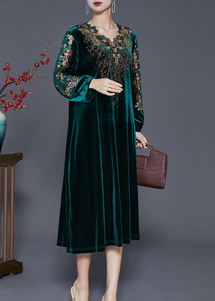 Beautiful Green Embroidered Hollow Out Silk Velour Dress Fall