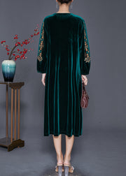 Beautiful Green Embroidered Hollow Out Silk Velour Dress Fall