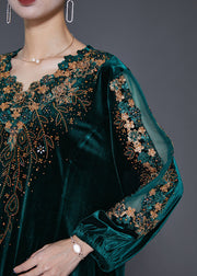 Beautiful Green Embroidered Hollow Out Silk Velour Dress Fall