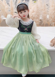 Beautiful Green Embroideried flattering Tulle Kids Maxi Dress Spring