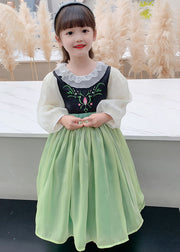 Beautiful Green Embroideried flattering Tulle Kids Maxi Dress Spring