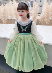 Beautiful Green Embroideried flattering Tulle Kids Maxi Dress Spring