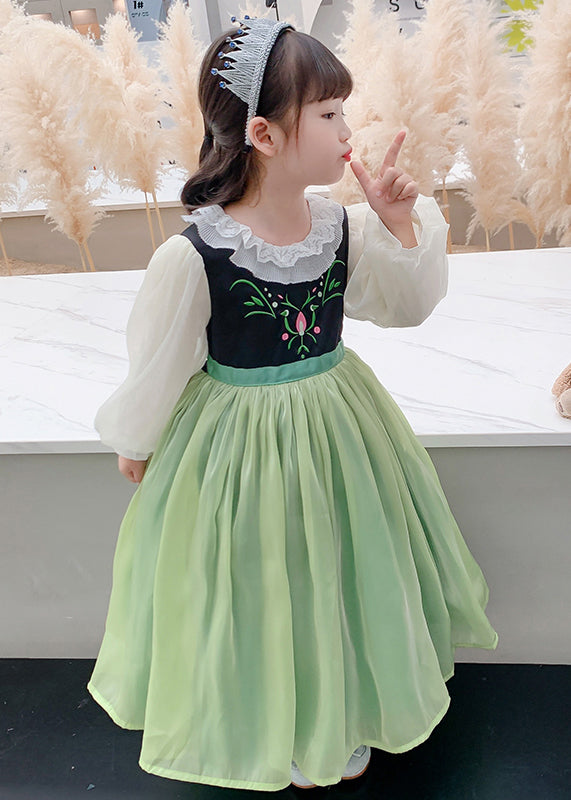 Beautiful Green Embroideried flattering Tulle Kids Maxi Dress Spring