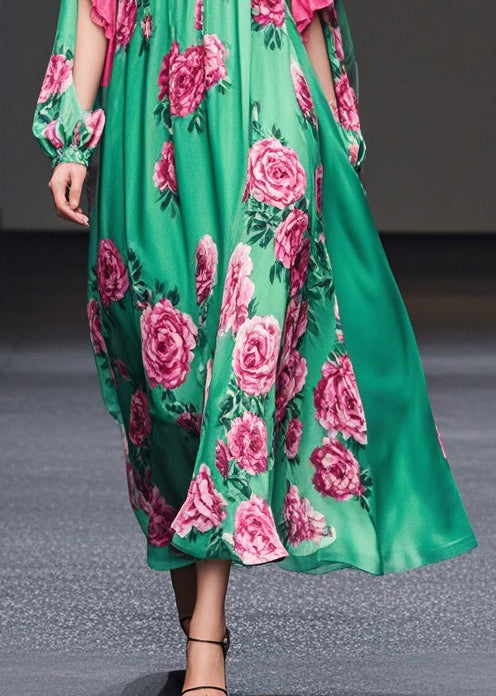 Beautiful Green Floral Print Ruffles Silk Velvet Dresses Fall