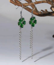 Beautiful Green Floral Tassel Patchwork Silver Drop Earrings