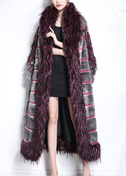 Beautiful Green Fur Collar Patchwork Striped Fuzzy Fur Fluffy Coats Winter