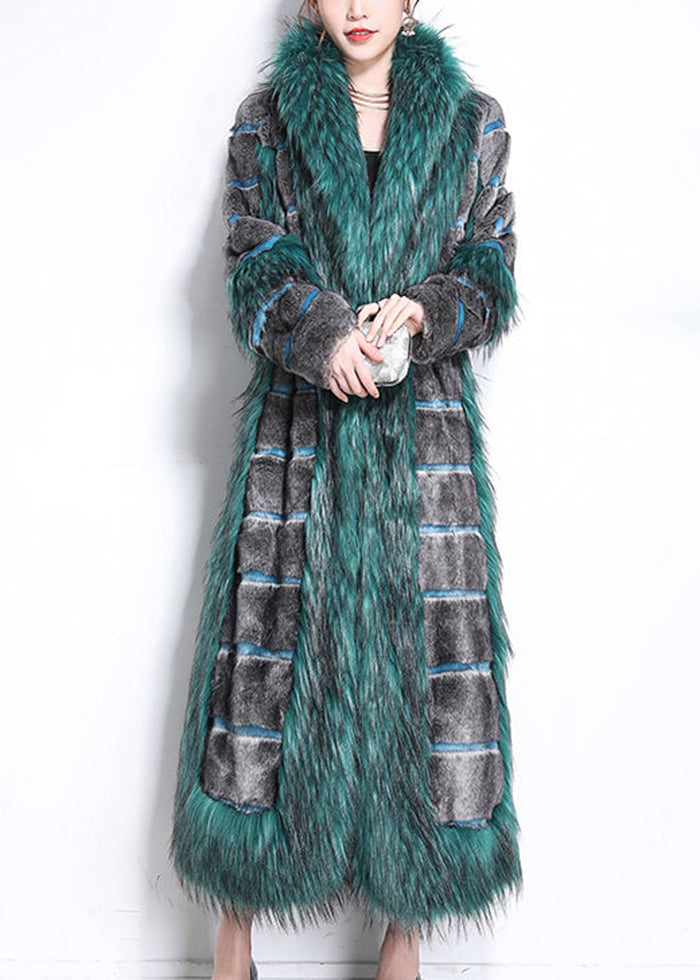 Beautiful Green Fur Collar Patchwork Striped Fuzzy Fur Fluffy Coats Winter