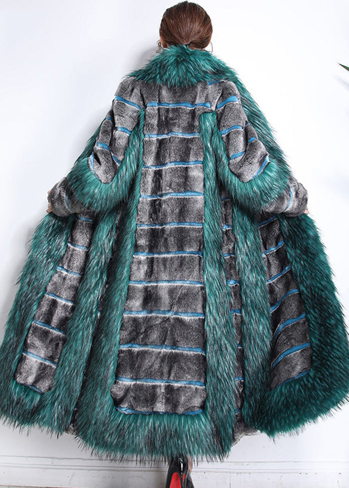 Beautiful Green Fur Collar Patchwork Striped Fuzzy Fur Fluffy Coats Winter