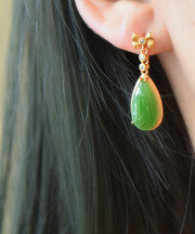 Beautiful Green Hollow Out Sterling Silver Inlaid Hetian Jade Drop Earrings