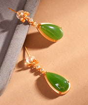 Beautiful Green Hollow Out Sterling Silver Inlaid Hetian Jade Drop Earrings