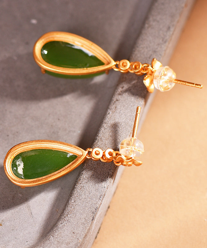 Beautiful Green Hollow Out Sterling Silver Inlaid Hetian Jade Drop Earrings