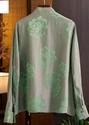 Beautiful Green-Print3 Mandarin Collar Button Print Silk Shirt Top Spring