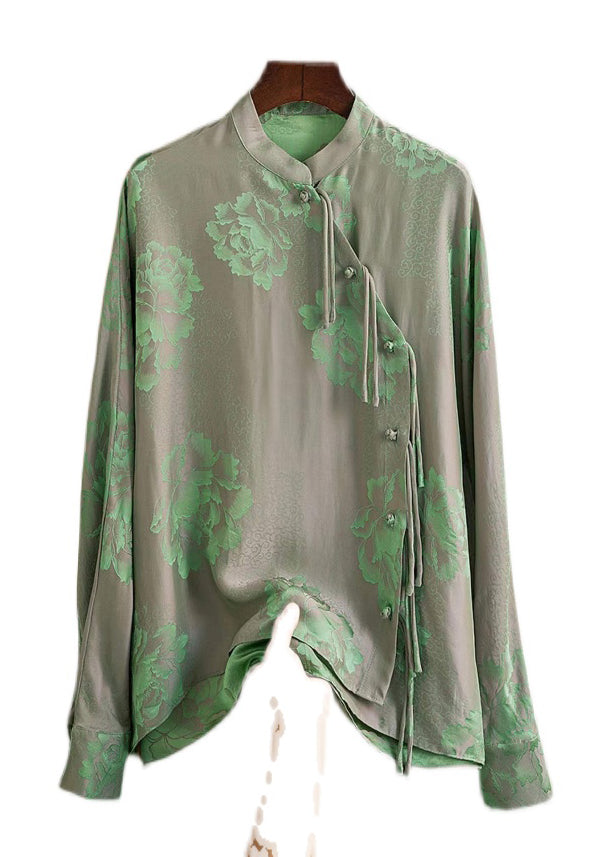 Beautiful Print4 Mandarin Collar Button Print Silk Shirt Top Spring