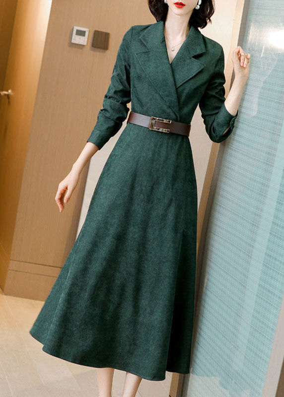 Beautiful Green Notched Collar Sashes Slim Fit Corduroy Maxi Dresses Spring