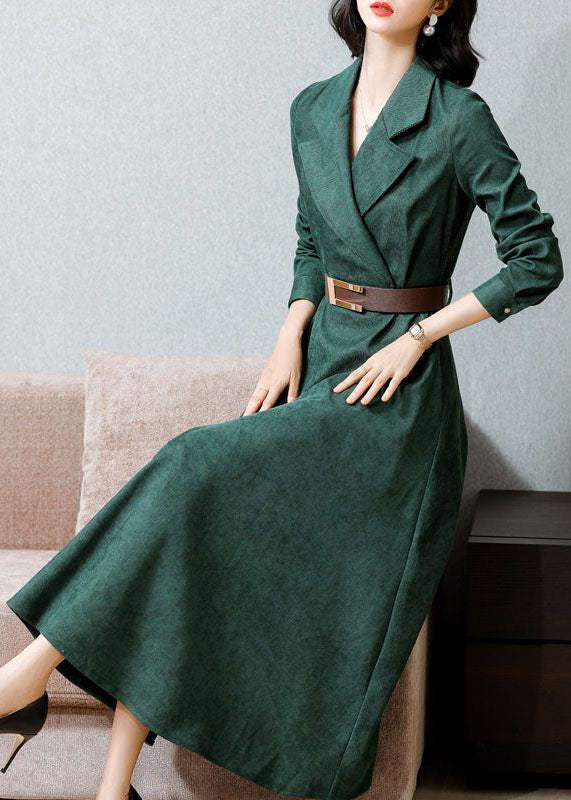 Beautiful Green Notched Collar Sashes Slim Fit Corduroy Maxi Dresses Spring