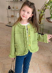 Beautiful Green O Neck Button Patchwork Cotton Girls Coat Fall