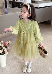 Beautiful Green O-Neck Embroideried Patchwork Tulle Girls Maxi Dresses Spring