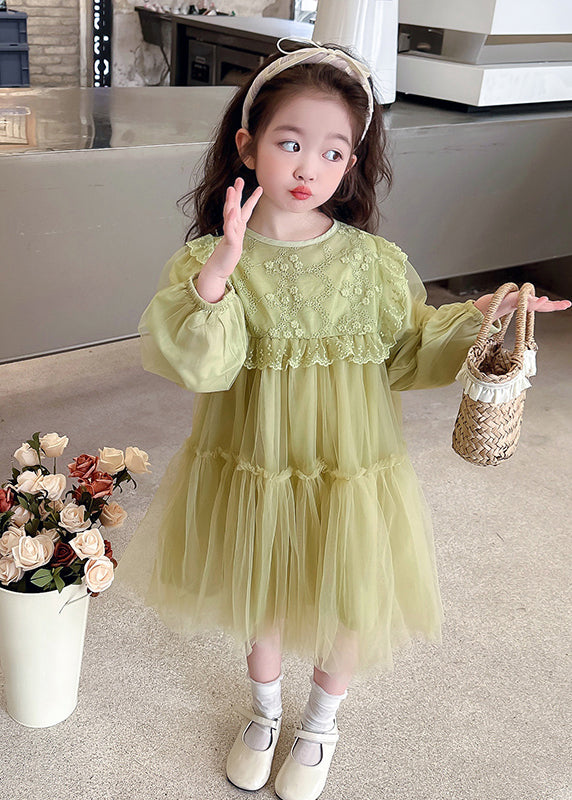 Beautiful Green O-Neck Embroideried Patchwork Tulle Girls Maxi Dresses Spring