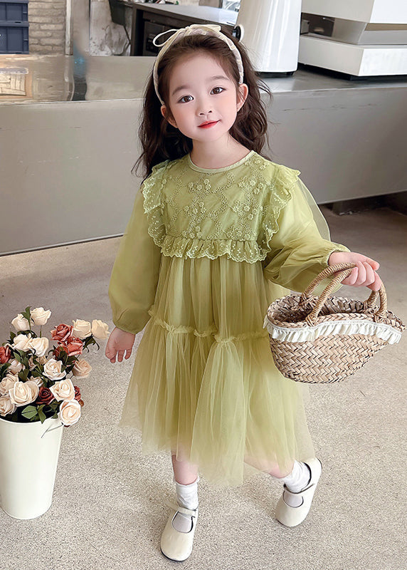 Beautiful Green O-Neck Embroideried Patchwork Tulle Girls Maxi Dresses Spring