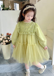 Beautiful Green O-Neck Embroideried Patchwork Tulle Girls Maxi Dresses Spring