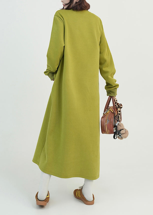 Beautiful Green O Neck Long Cotton Straight Dress Fall