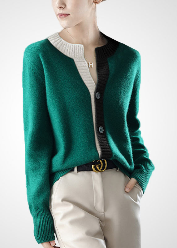 Beautiful Green O-Neck Patchwork Button Wool Knit Cardigans Winter