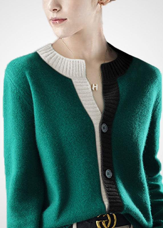 Beautiful Green O-Neck Patchwork Button Wool Knit Cardigans Winter