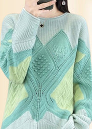 Beautiful Green O-Neck Plaid Cotton Knit Sweaters Fall