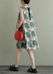 Beautiful Green O-Neck Print Bow Cotton A Line Dress Sleeveless