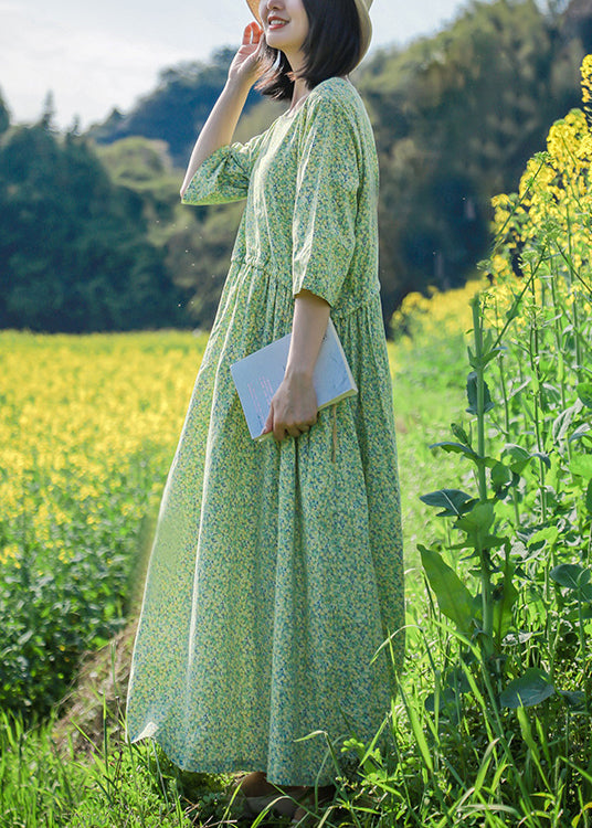 Beautiful Green O Neck Print Lace Up Cotton Dresses Half Sleeve