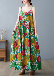 Beautiful Green O-Neck Print Wrinkled Cotton Slip Long Dress Summer