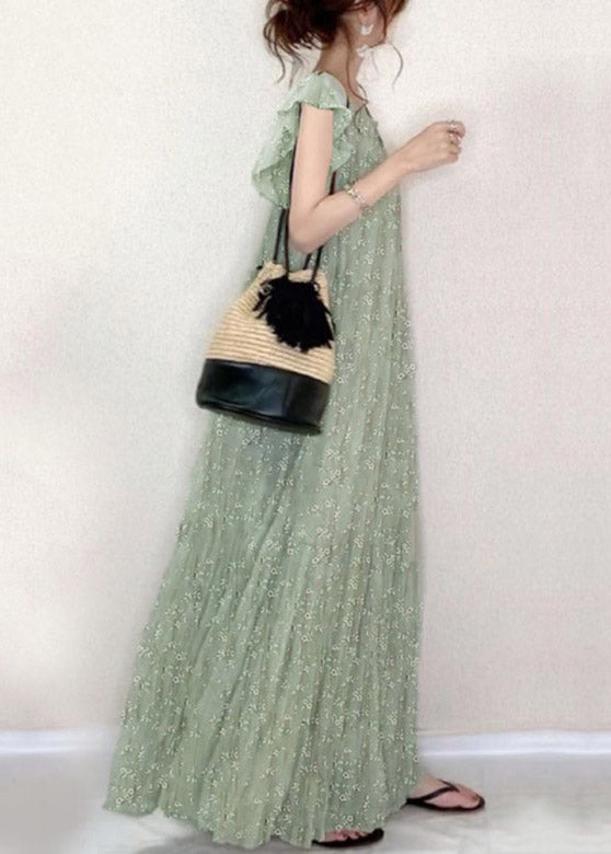 Beautiful Green O-Neck Ruffled Print Holiday Long Dress Summer