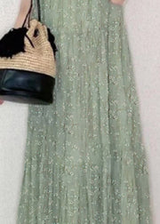 Beautiful Green O-Neck Ruffled Print Holiday Long Dress Summer