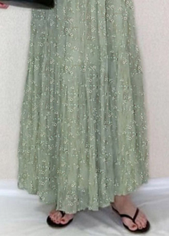 Beautiful Green O-Neck Ruffled Print Holiday Long Dress Summer