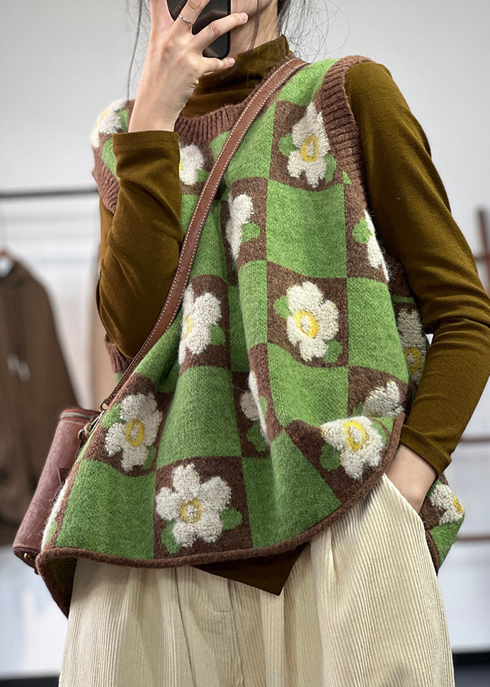 Beautiful Green Oversized Floral Knit Vests Winter