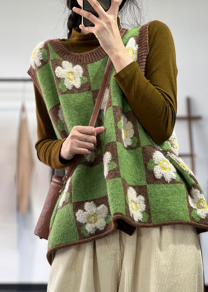 Beautiful Green Oversized Floral Knit Vests Winter