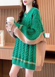 Beautiful Green Oversized Patchwork Cozy Cable Knit Long Sweater Winter