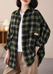 Beautiful Green Oversized Plaid Applique Cotton Shirt Top Spring