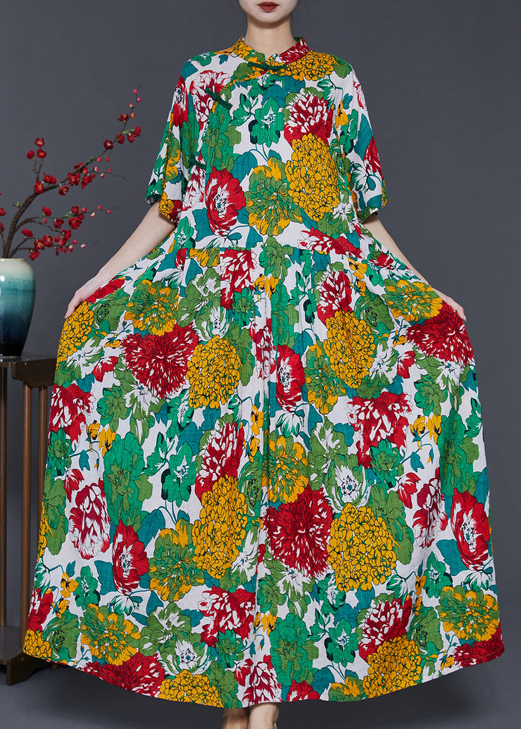 Beautiful Green Print Chinese Button Cotton Long Dresses Summer